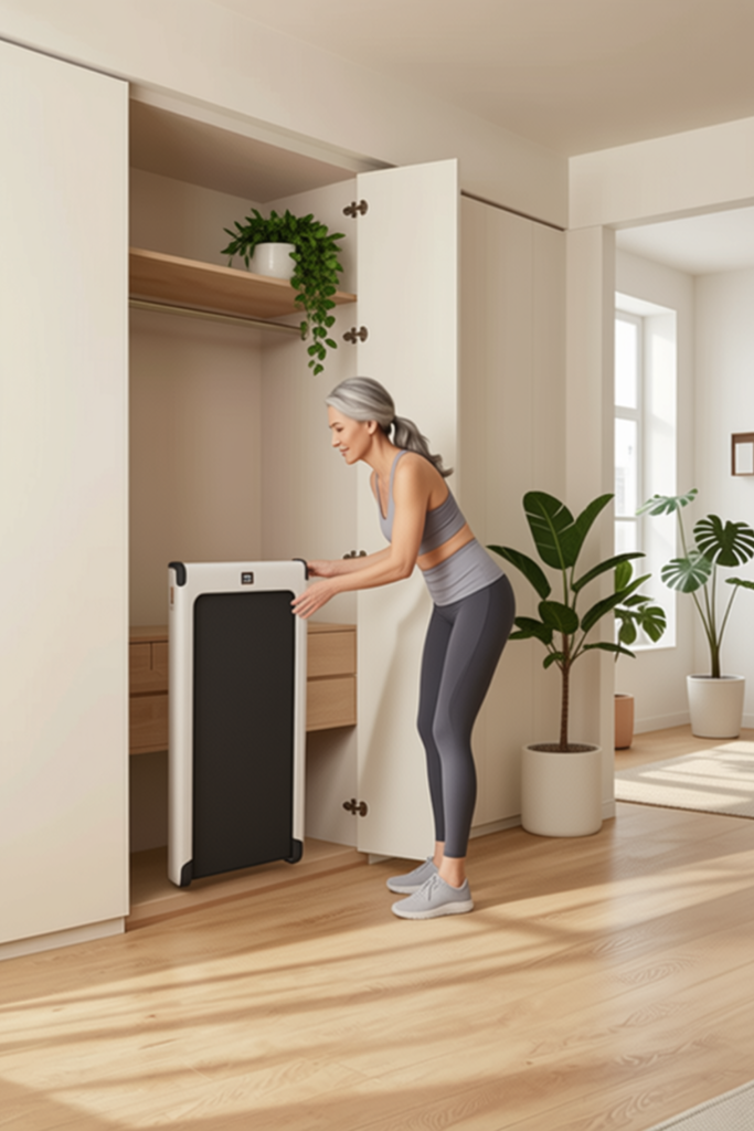 woman putting fitness equipment away