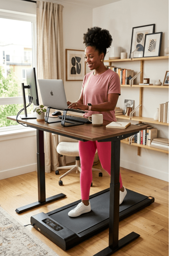 Woman working at a standing desk while walking on an under desk walking pad in a home office