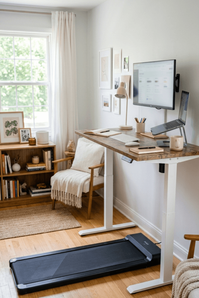 Standing desk in a bright home office with a slim under desk walking pad on the floor