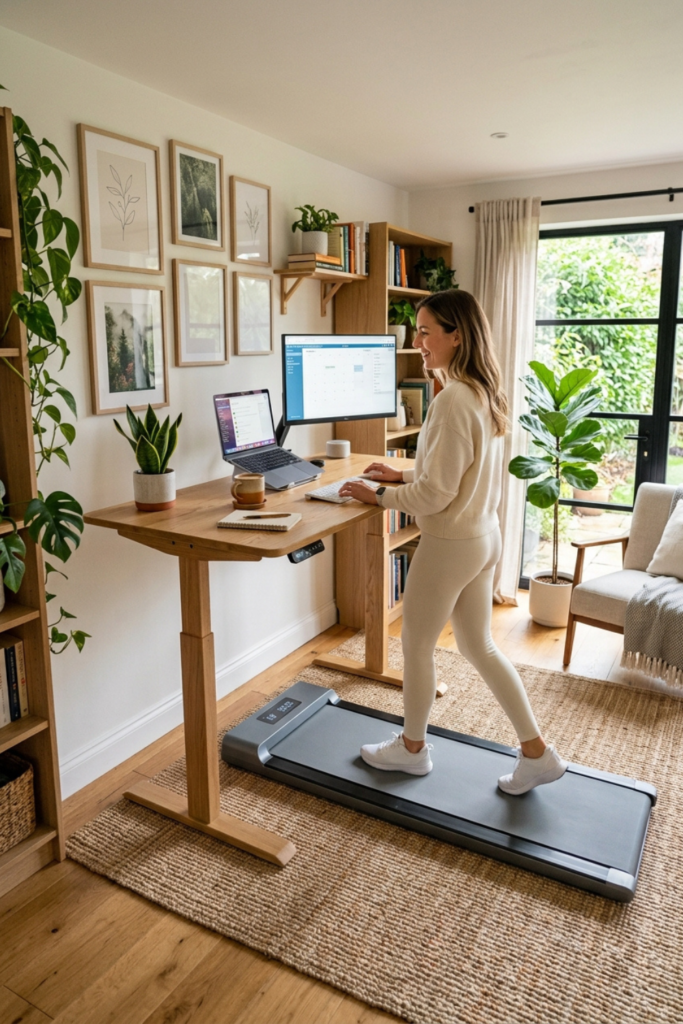 Woman walking on an under desk walking pad at a standing desk in a bright home office