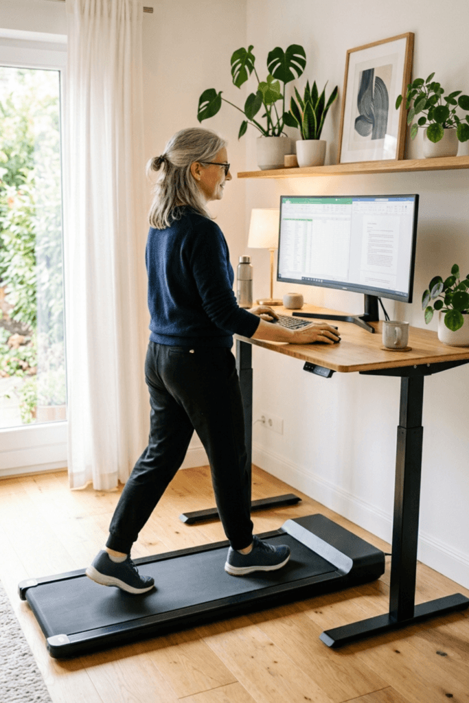Woman walking on an under desk walking pad while working at a standing desk with a monitor