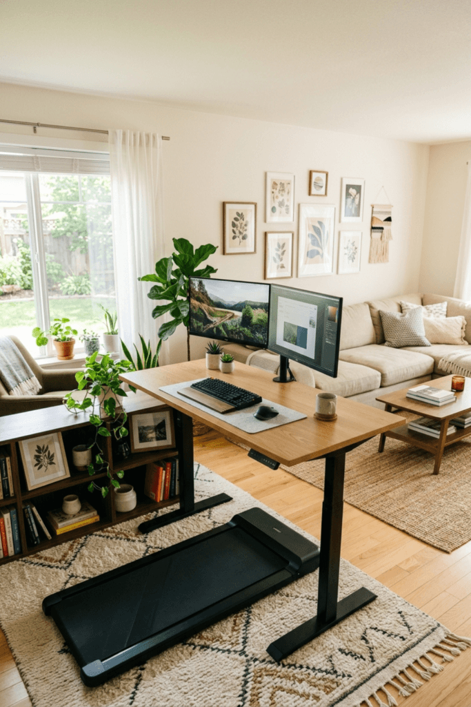 Home office corner in a living room with a standing desk and a slim walking pad on the floor
