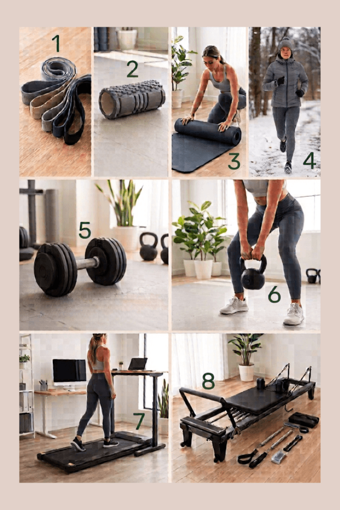 Chart of 8 fitness gifts for women who work out at home, including resistance bands, a kettlebell, and a walking pad