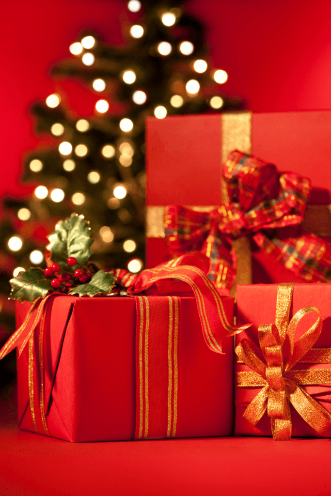 fitness gifts with a Christmas tree in the background