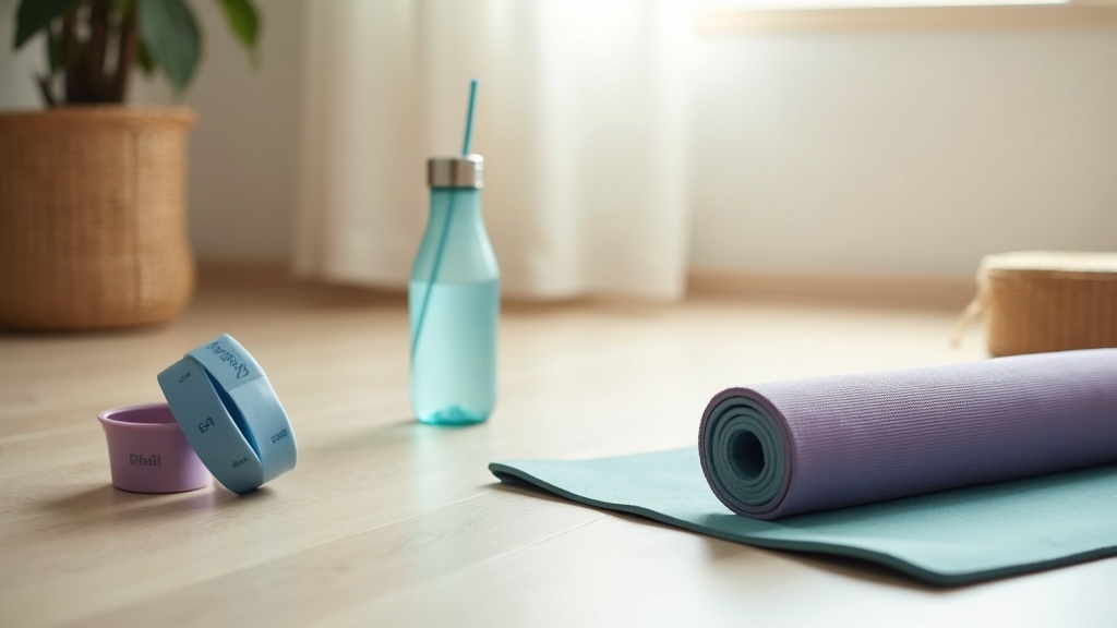 A simple, inviting home workout space with exercise mat, water bottle, and resistance bands on a clean floor.