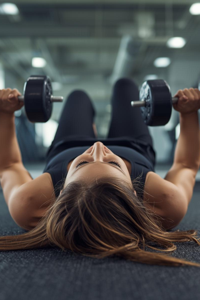woman doing a dumbbell floor press exercise