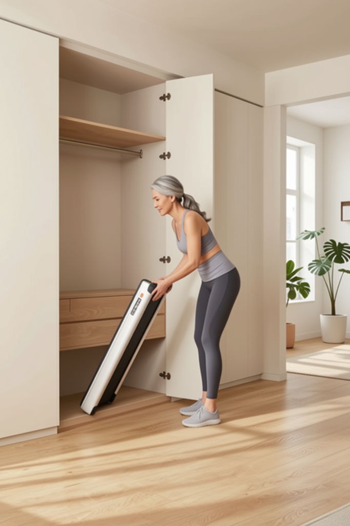 Woman Folding Up A Treadmill